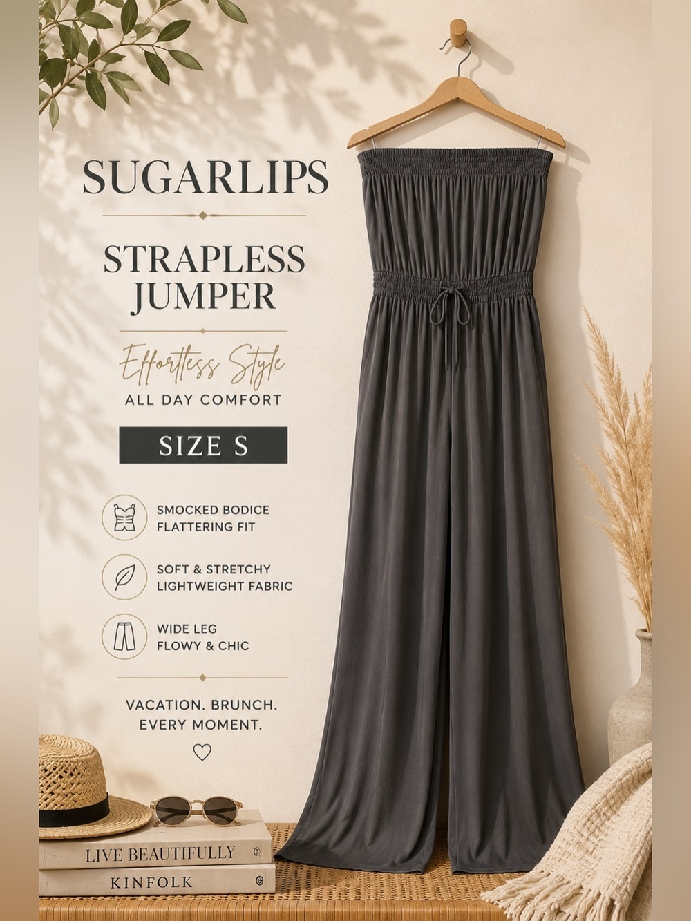 Sugarlips Strapless Smocked Wide Leg Jumpsuit Charcoal Gray Size S